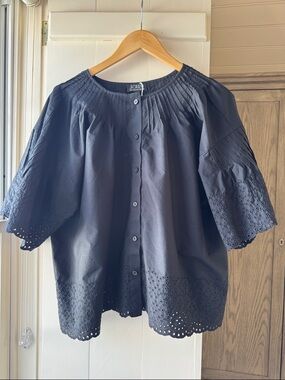 J. Crew Black Eyelet Pintuck Button-Front Top